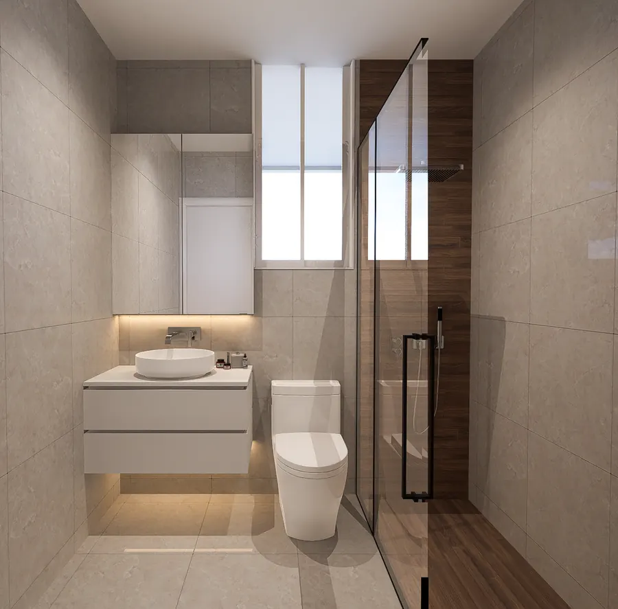 Baño con ducha de vidrio y lavamanos flotante