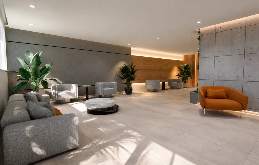Lobby con sillones, plantas y paredes de concreto y madera