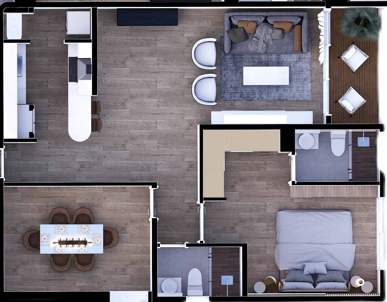Planta amueblada de un apartamento de 1 recámara vista desde arriba