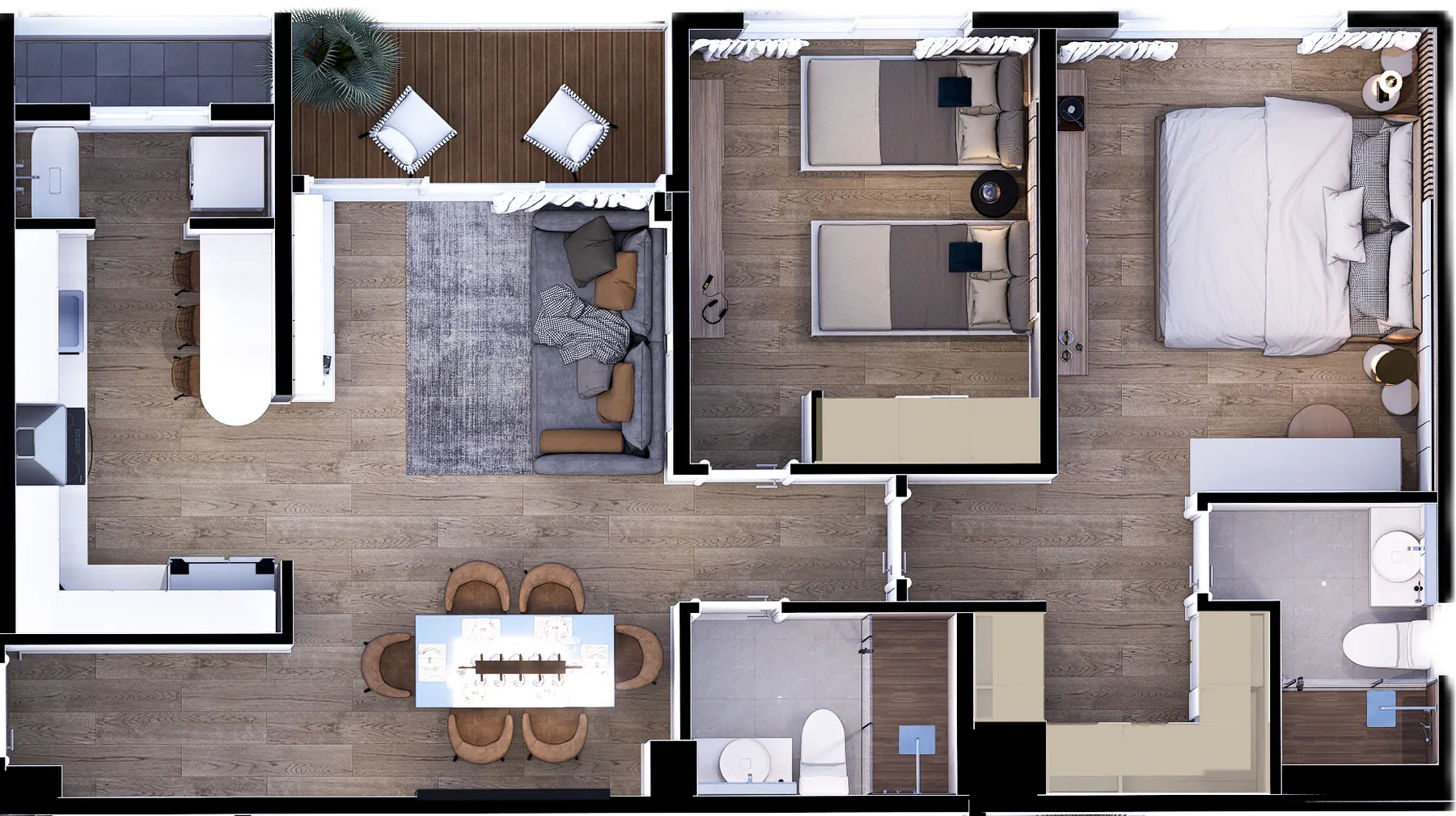 Planta amueblada de un apartamento de 2 recámaras vista desde arriba