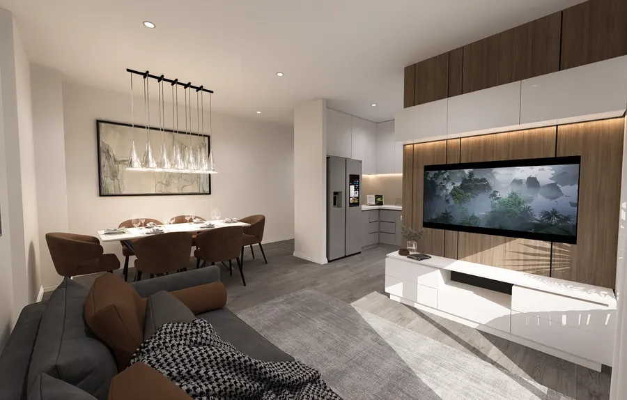 Sala comedor con televisor y mesa para seis